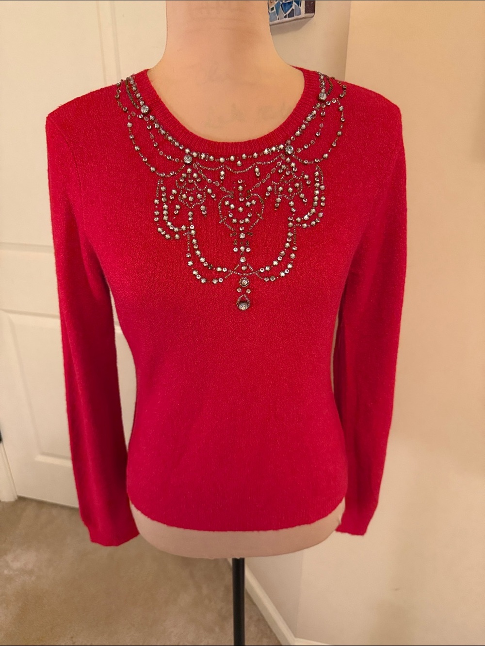 Red Embellished Women's Sweater - Classic Crewneck